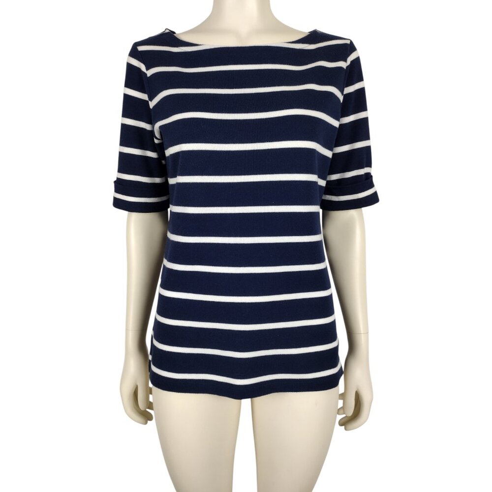 Karen Scott Blue White Striped Boat Neck Cotton Blend Half Sleeve Blouse Size M